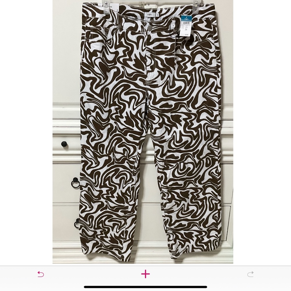 NWT Rue 21+ High-Rise Skate Jeans Stretch Brown White Abstract Print Size 2X